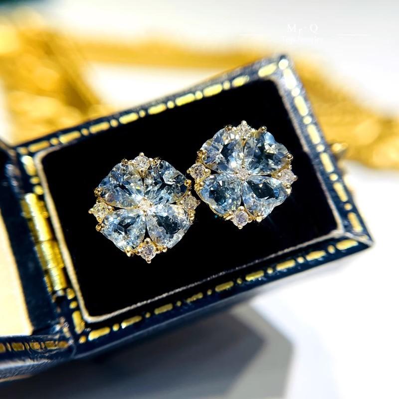 1.8ct Natural Aquamarine Clover Stud Earrings Women Sterling Plated Gold Geometric Fashion Jewelry
