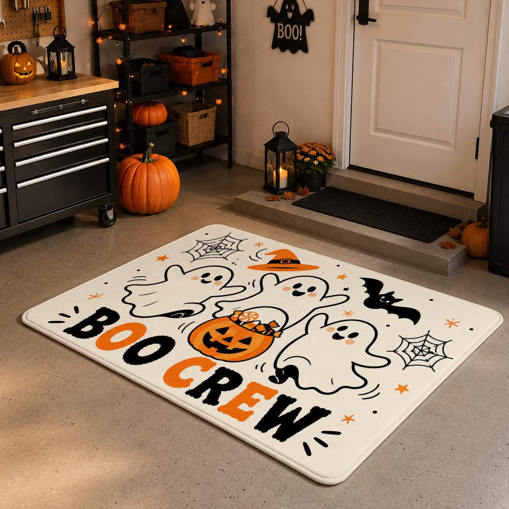 Cute Ghost Crew with Pumpkins in Kawaii Halloween Floor Mat Soft Flannel Non Slip Absorbent Entryway Bathroom Bedroom Garage