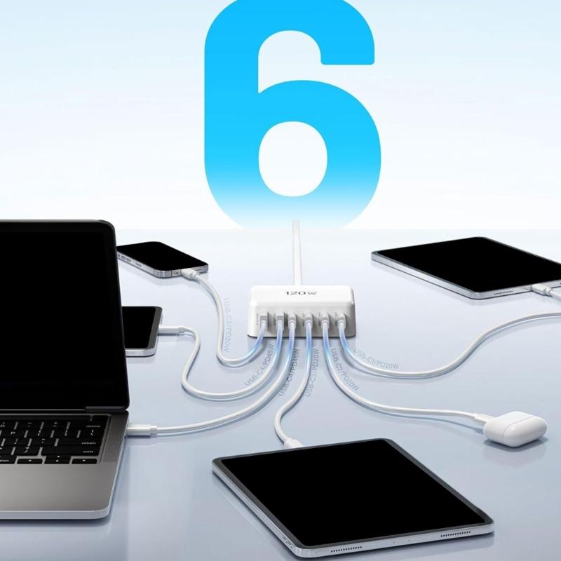 PD120W 4C2A Desktop Charger 4USB C 2USB A Port Fast Charging Hub Power Adapter for Multiple Devices ABS Housing