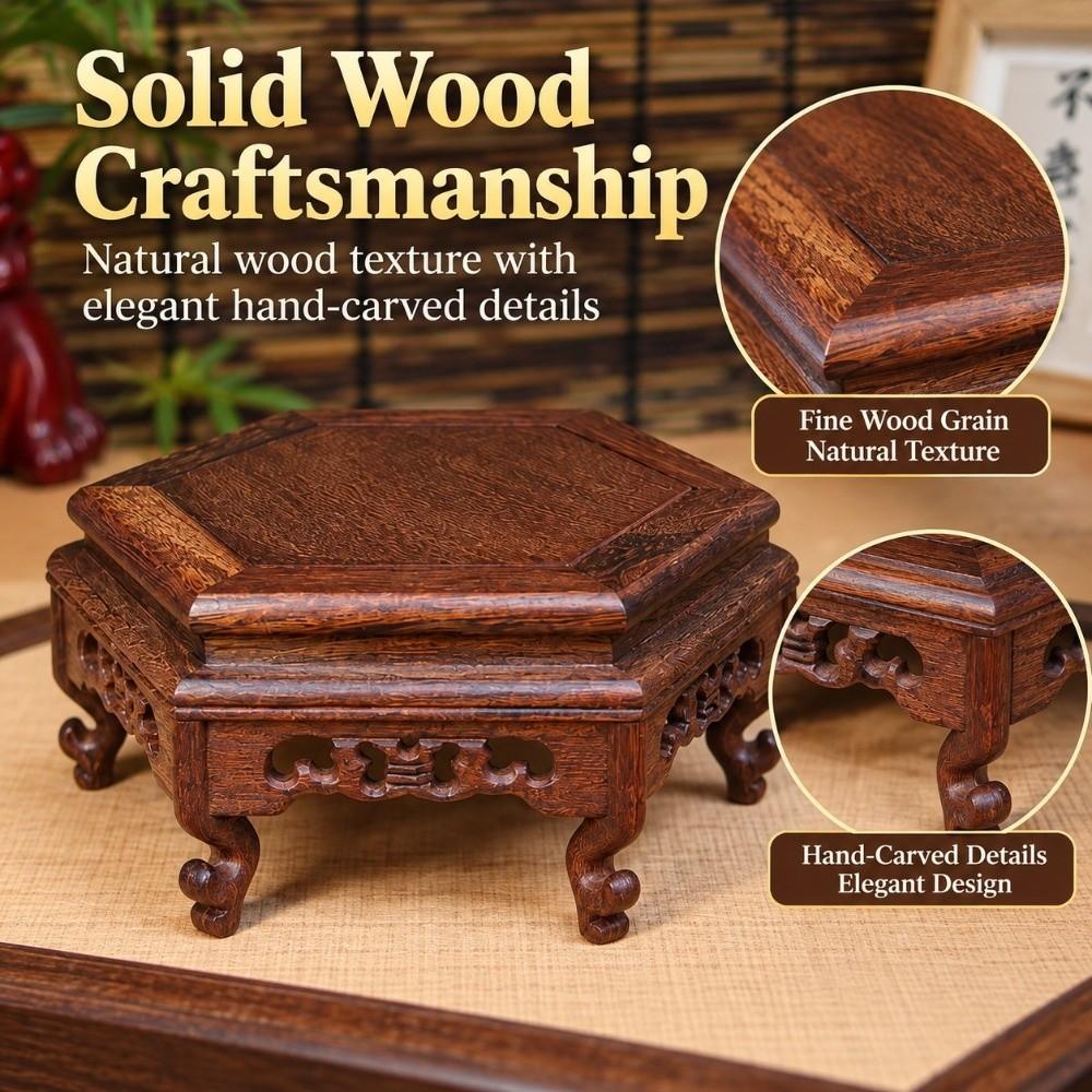 Hand Carved Hexagon Wood Base Teapot Stand Wooden Display Stand Display Base Rack Living Room