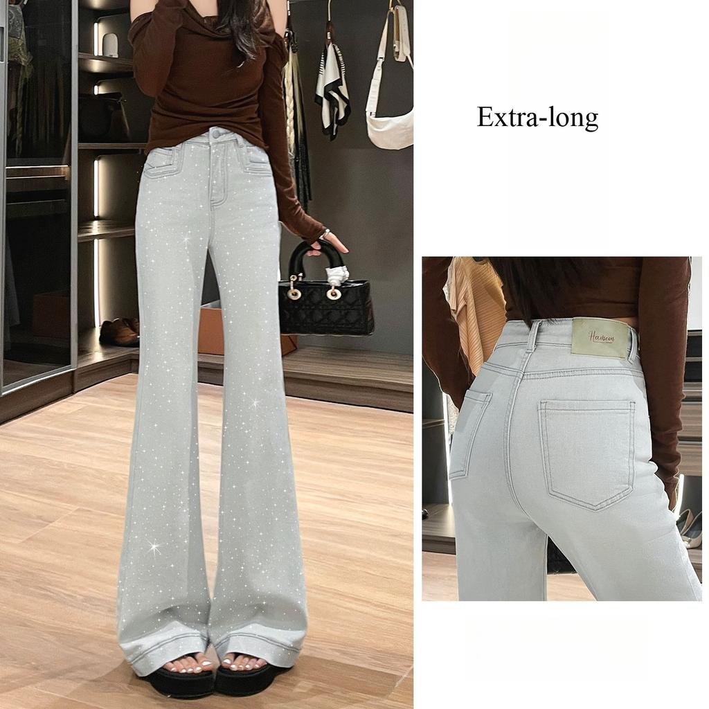 Spring Summer Platinum Glitter High Waist Slim Hide Figure Light Tone Floor Sweeping Micro Flare Denim Pants Ladies Casual Oversize Denim Trousers