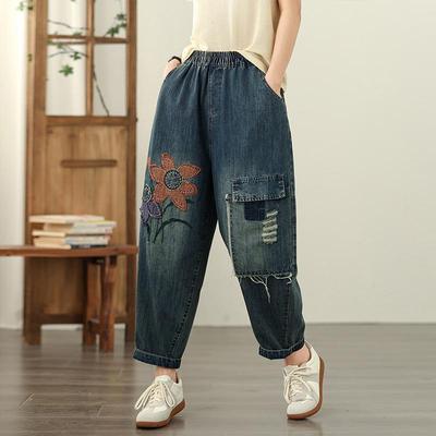 Μεγάλο μέγεθος λεπτό Vintage κέντημα floral ψηλόμεσο casual φαρδύ Γυναικείο καλοκαιρινό τζιν ντένιμ παντελόνι χαρέμι