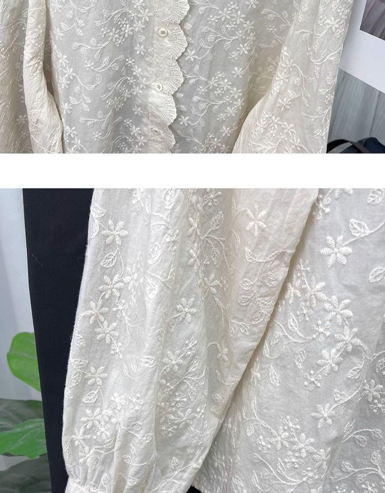 Damen Baumwollhemd mit langen Ärmeln, hoher Qualität, mit Spitzenkragen und Stickerei - Koreanischer Stil für Frühling & Herbst