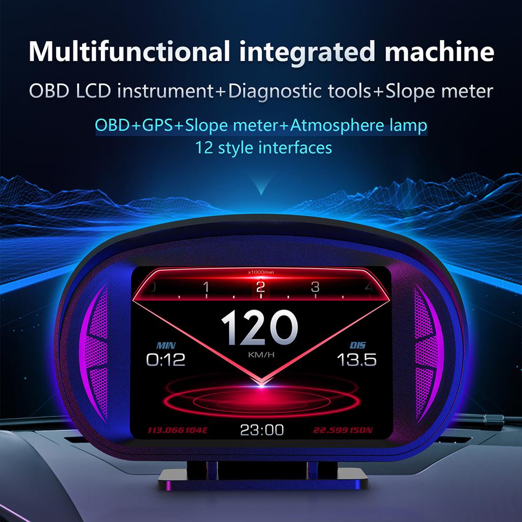 OBD2 GPS Pantalla para automóvil Medidor de pendiente HUD Indicador de automóvil Velocímetro Función de alarma Computadora de conducción Temperatura Velocímetro