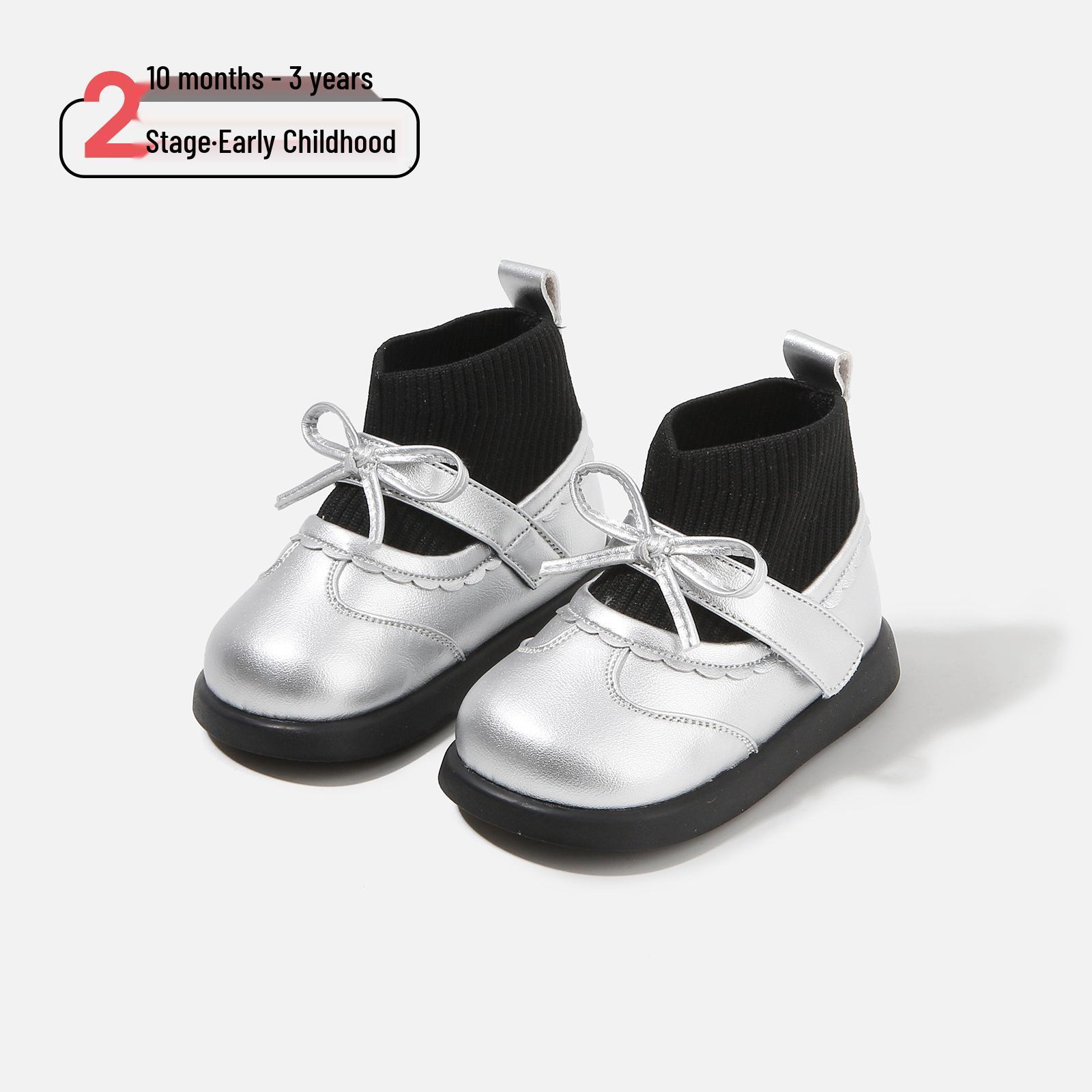 

Winter Girls Leather Bow Boots: Korean Style, Sock Design, Velvet Lined, Snow-Ready for Baby Walkers Size 16/12.5cm срібний