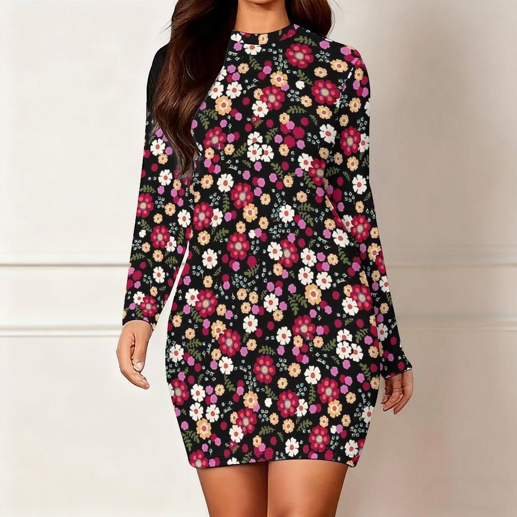 2025 Outono e Inverno Novo Estampa Floral 3D e Tingimento Moda Feminina Manga Longa Gola Redonda Vestido Envolvente de Quadril Dia dos Namorados Limitado