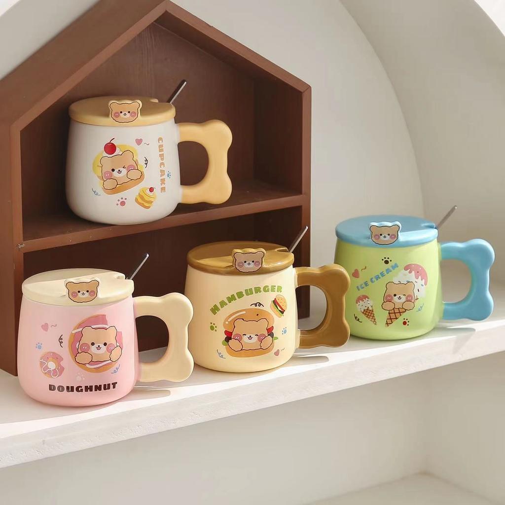 Tasses Céramiques Dessin Animé Mignonnes et Jolies Tasses Ours Tasses à Eau Ménagères pour Couple Tasses à Café avec Cuillères Couvertes Tasses à Lait