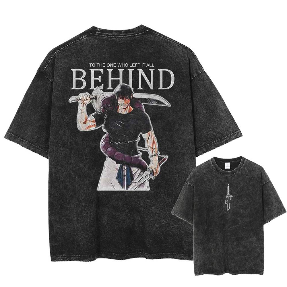 Men S Washed Black T-Shirt Japanese Anime Flat Print Sh M