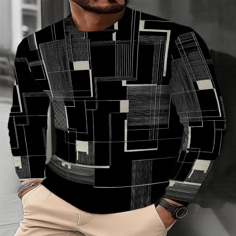 Men'S Trendy Round-Neck Long-Sleeve T-Shirt with a Unique Chain Pattern Print, Stylish And Versatile for Casual Wear
