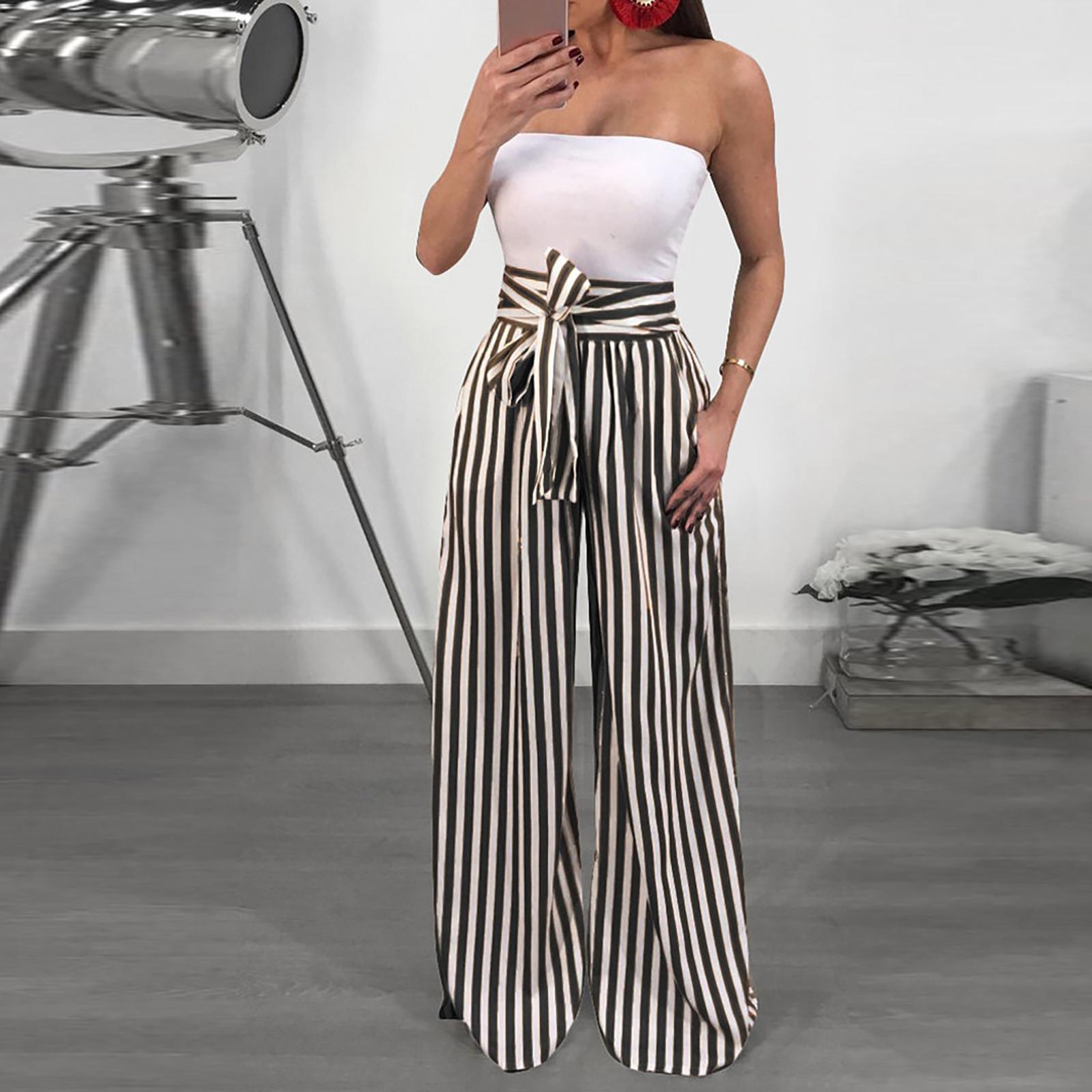 

Женские полосатые брюки с высокой талией, женские повседневные брюки с эластичной резинкой на талии M чёрный