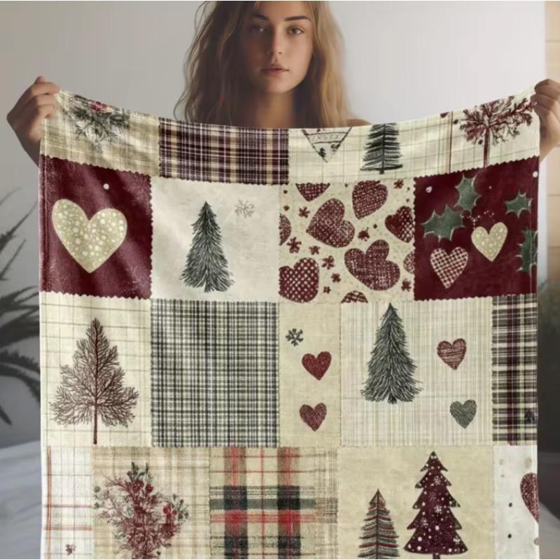 Christmas Flannel Blanket Patchwork Xmas Trees Hearts Cozy Sofa Festive Warmth Durable Soft Holiday Decor Certified Quality