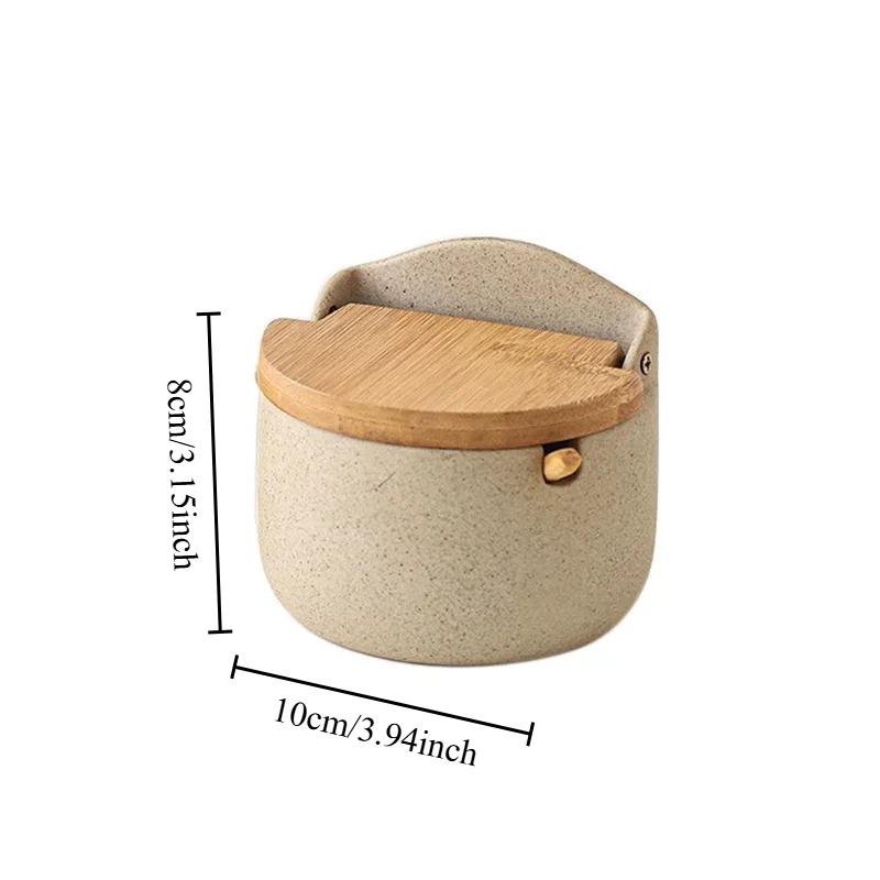 1pcs Ceramic Spice Jar with Bamboo Lid Spoon Japanese Style Seasoning Canister Salt Sugar Storage Container Kitchen Household