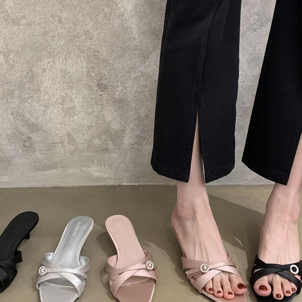 I like it very much~ pointed silver high-heeled sandals, thin heels, love rhinestone thin straps, 2025 summer new slippers for women's outer wear