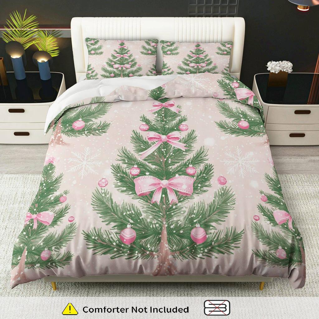 3pcs Festive Christmas Tree & Snowflake Duvet Cover Set - Pink Ribbon Design, Polyester, Zippered, Machine Washable