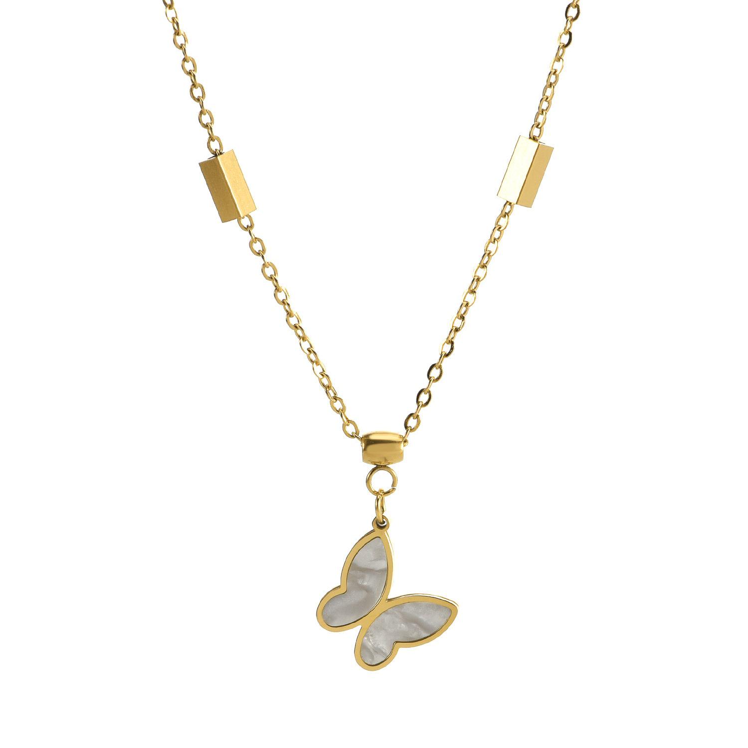 Titanium Steel Cold Style Butterfly Necklace with White Mother-of-Pearl Pendants for Women