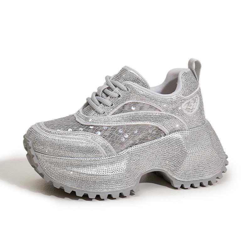 Thick-soled Dad Shoes Women's 2025 Spring and Summer New Full Diamonds Small Inner Height-increasing Women's Shoes Hollow Mesh Breathable Sandals