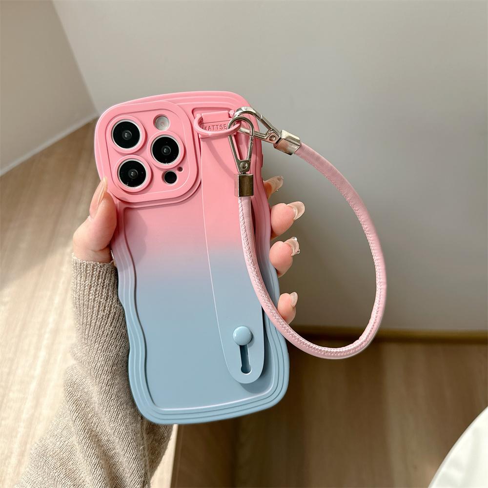 Gradient Double Color Wrist Strap Case for For Iphone 16 1 14 13 Pro Max 16e 12 11 X Xr Xs 8 7 Plus SE Wave Wristband Bracket Cover