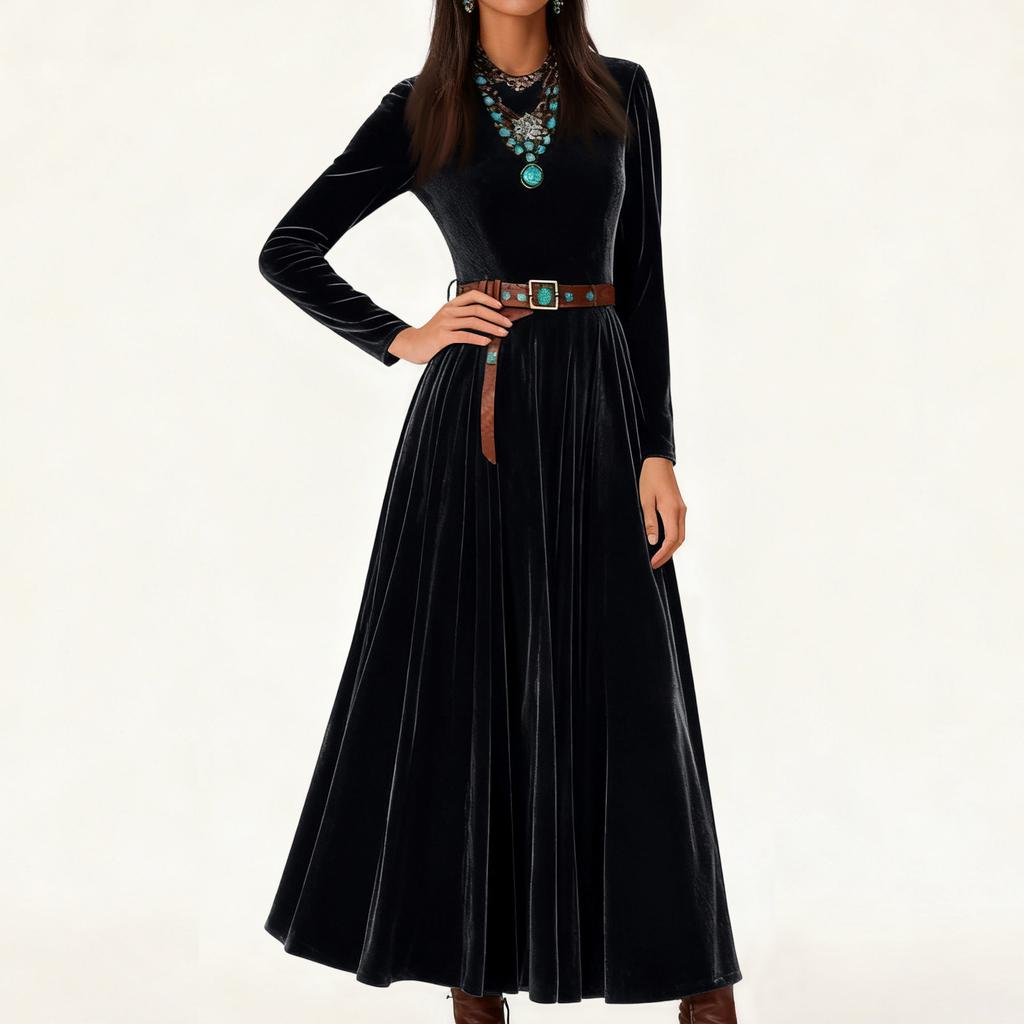 Damen Casual Mode Rundausschnitt Langärmlig Retro Weihnachtsprint Retro Kleid