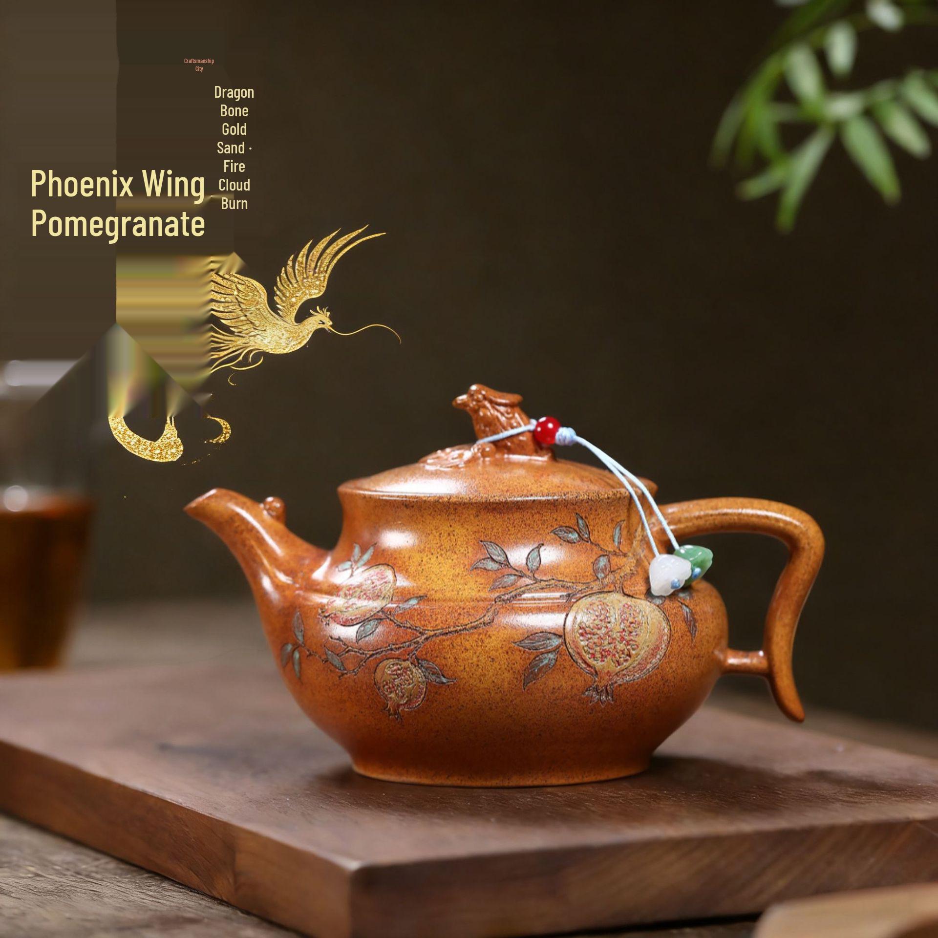 Handmade Yixing Zisha Teapot: Dragon Bone Gold Sand with Phoenix Wing Design, Purple Sand Pomegranate Tea Set 310CC