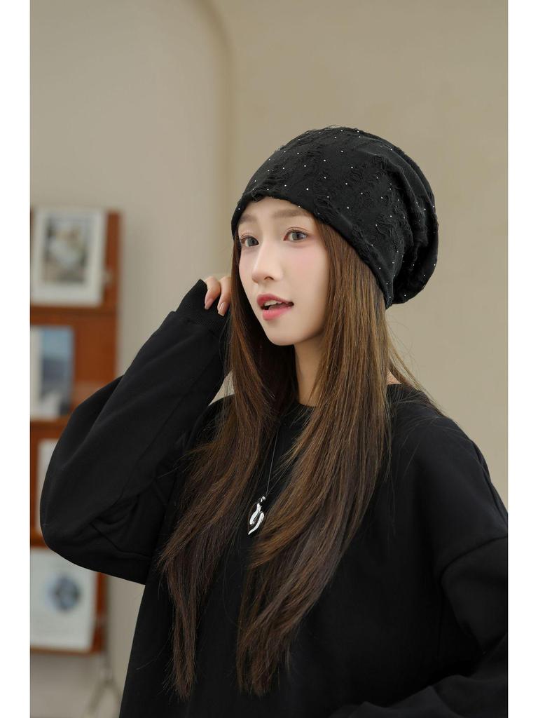 Versatile Rhinestone Loose Beanie for Women - Breathable, No Makeup, Large Head Fit, Fashionable Autumn Winter Head Wrap