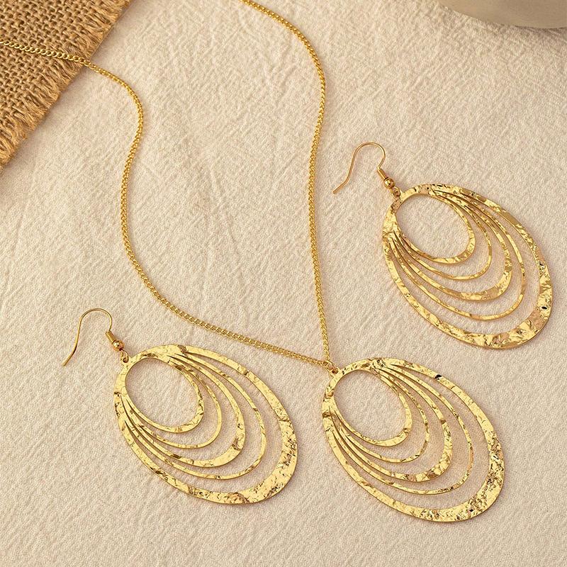 Necklace And Earring Sets For Women, Gold Chunky Charm Necklaces Three Layer Circle Pendant Bohemian Jewelry Metallic Style Gift