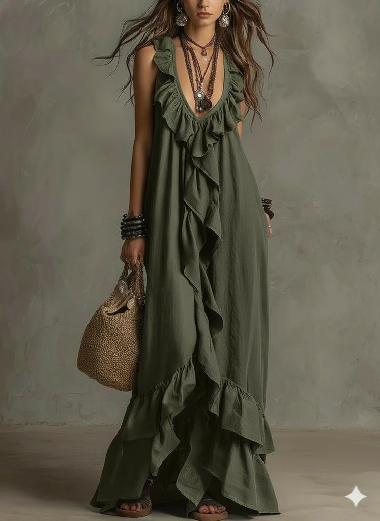2026 Casual Bohemian Urban V-Neck Short Sleeve Ruffle Edge Vintage Dress Vacation Style