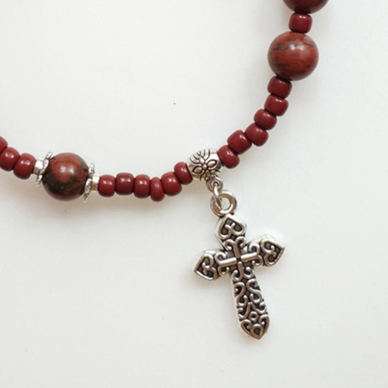 Glass Bead Baptism Religious Gift Catholic for Cross Finger Chain Mini Rosary Sesame Red for Cross Rosary Bracelet for W