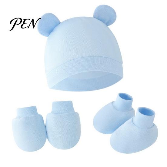 Minimalist Baby Outfit Newborn Hat Gloves And Booties Set, Cotton Infant Bear Ears Anti Scratch Care Gift Set Mittens & Foot Protectors for