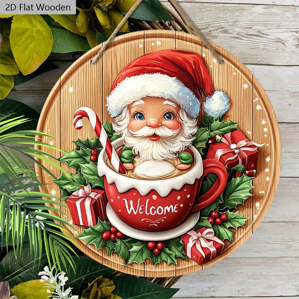 Świąteczny drewniany znak z gorącą czekoladą i wzorem Świętego Mikołaja - Powitalny znak Navidad na drzwi wejściowe, dekoracja do zawieszenia na ścianie - Idealna ozdoba świąteczna