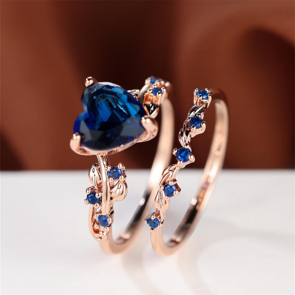 Königsblau Grün Schwarz Rot Stein Herz Ring Sets Für Damen Roségold Farbe Weiß Zirkon Braut Eheringe Muttertagsschmuck