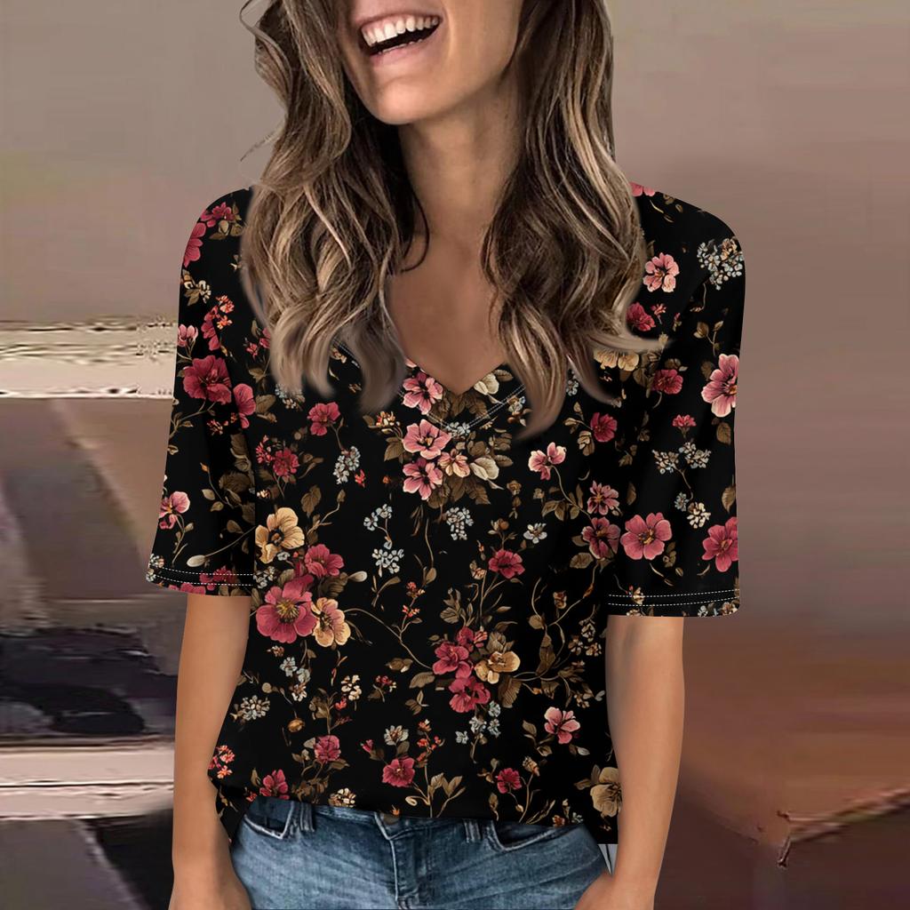Women's Fashionable Casual Short-sleeved Five-quarter Sleeve Floral Print V-neck Top