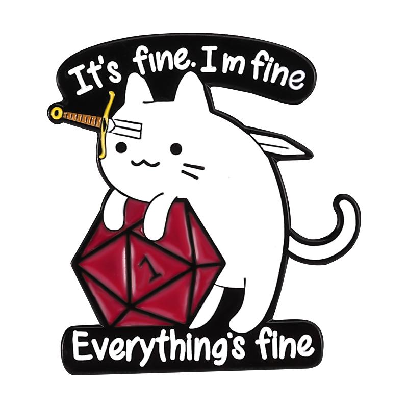 It's Fine I'm Fine Enamel Pin Custom Funny Cat Sharks Sword Brooch Lapel Badge Kitten Animal Jewelry Gift for Kids Friends