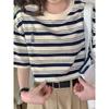 Retro style striped short-sleeved T-shirt for women summer 2024 new loose cotton embroidered casual half-sleeved top
