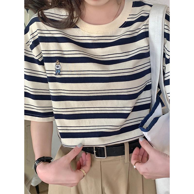 Retro style striped short-sleeved T-shirt for women summer 2024 new loose cotton embroidered casual half-sleeved top