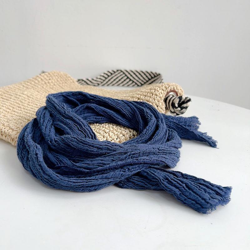 Retro Pleated Ramie Scarf Slender Narrow and Long Scarf Japanese Forest Women's Versatile Elongated Neck Protection Scarf
