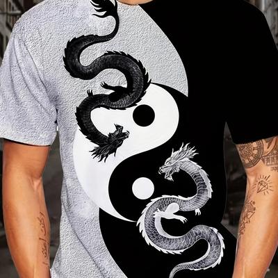 Camiseta de hombre estampado 3D patrón de dragón Taiji colisión de color blanco y negro moda verano cuello redondo manga corta tops de hombre