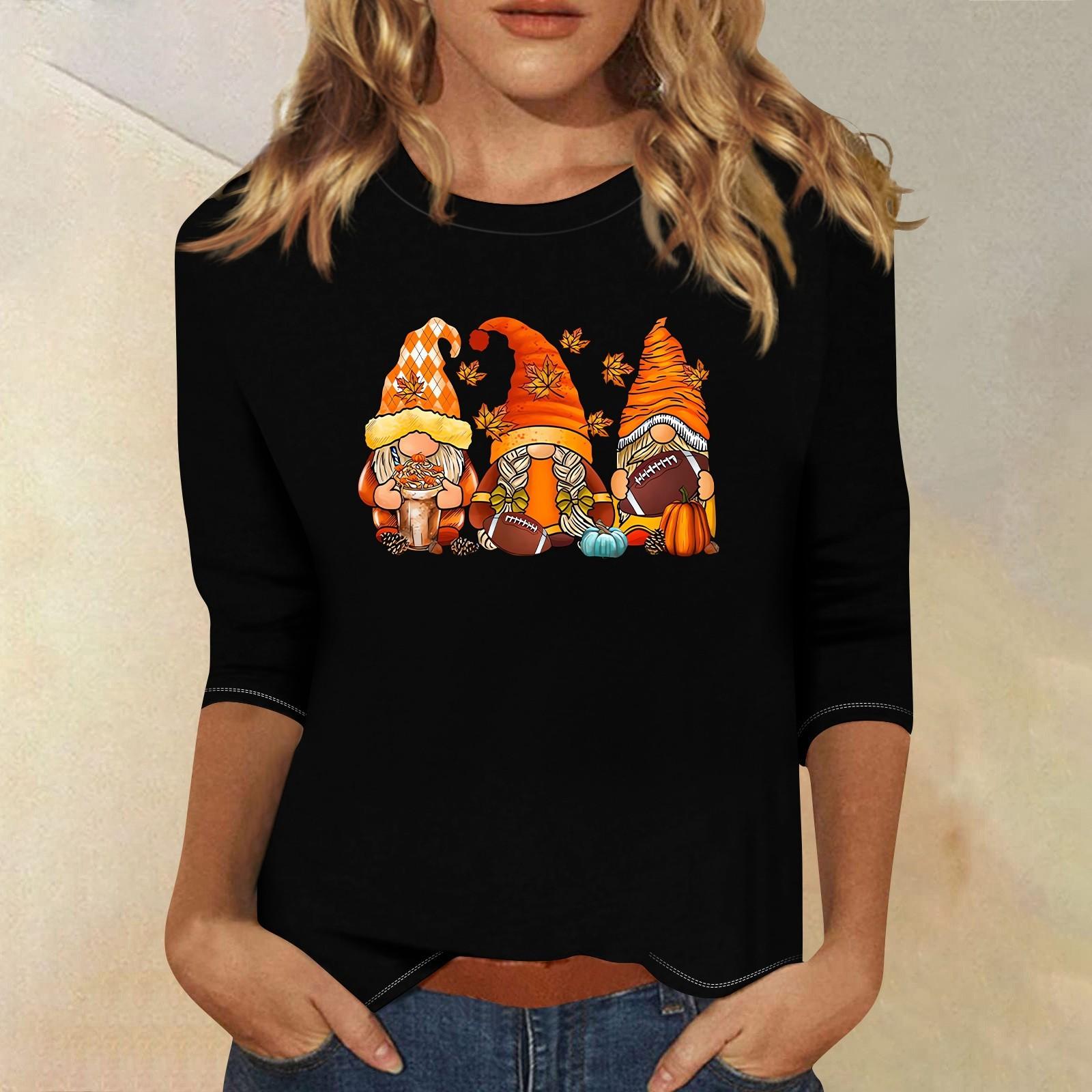 

3/4 рукава топы для женщин футболка повседневные принты топы футболка круглый вырез пуловер блузка M чёрный