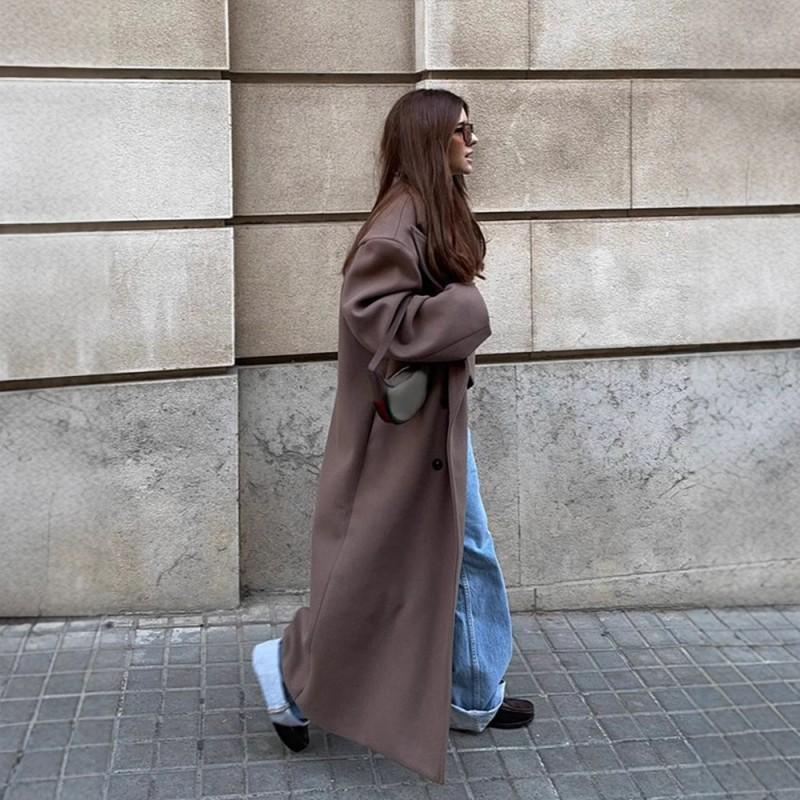 Damen Wollmischung Langer Trenchcoat mit Revers Kragen Lockerer Sitz Büro Chic Winter Oberbekleidung