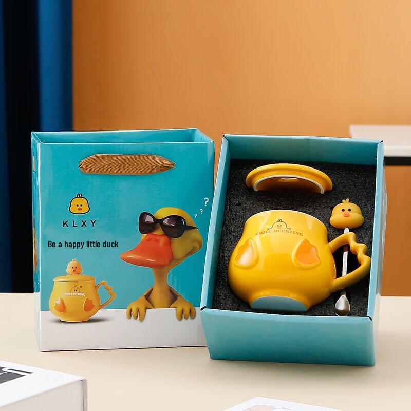 Набор керамических кружек AQ Маленькая желтая уточка с подогревом Warming Mug with Lid & Spoon Gift Box