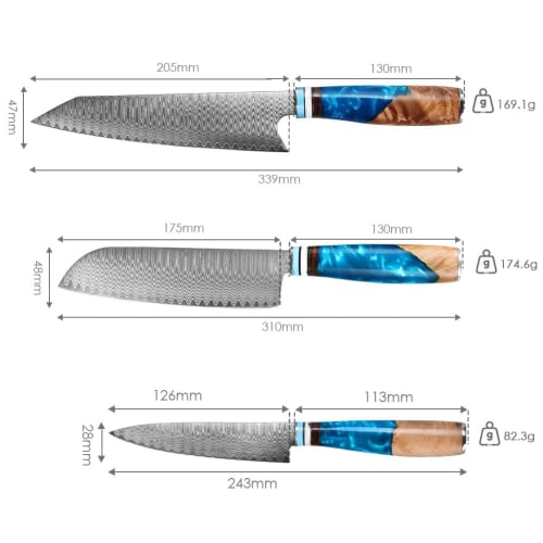 KyushuBlade 3-Piece Damascus Knife Set (Santoku Knife, Gyuto Knife, and Petty Knife) Professional Damascus Knife Set. This versatile kitchen knife set