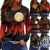 Women's Fashion Round Neck Long Sleeve Top with Hem Slit Halloween Print
