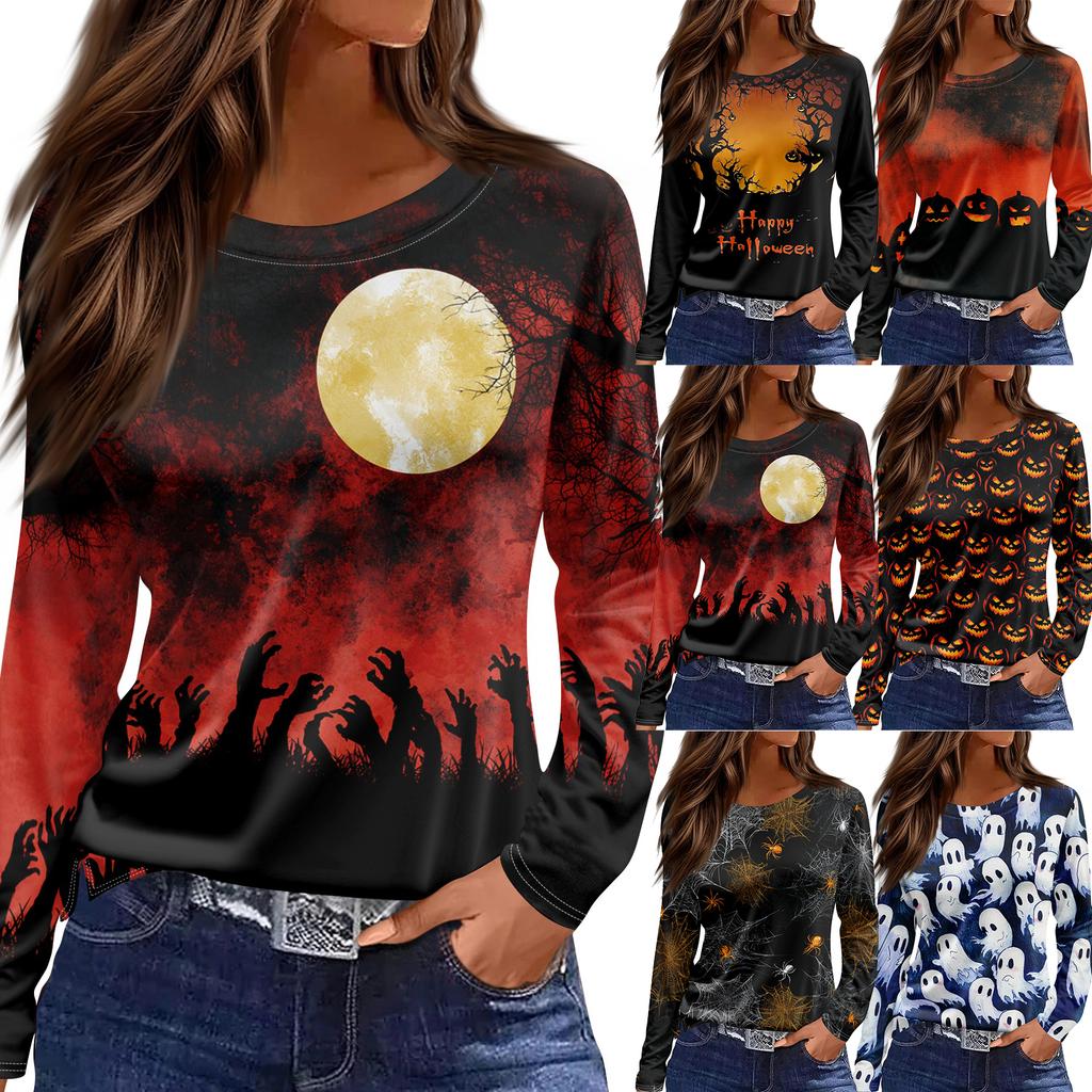 Women's Fashion Round Neck Long Sleeve Top with Hem Slit Halloween Print
