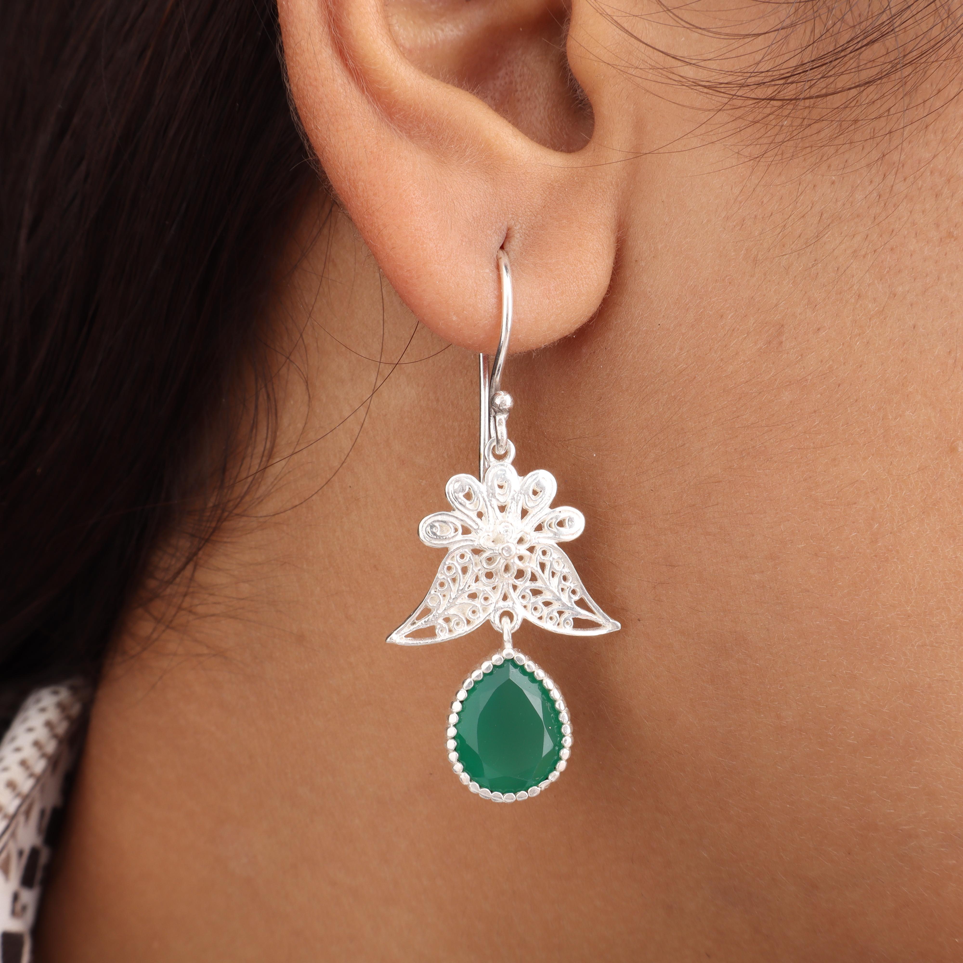 

Green Onyx Gemstone 925 Sterling Silver Handmade Jewelry Dangle Earrings 1.84 May Birthmonth Jewelry For Women CE-23-15