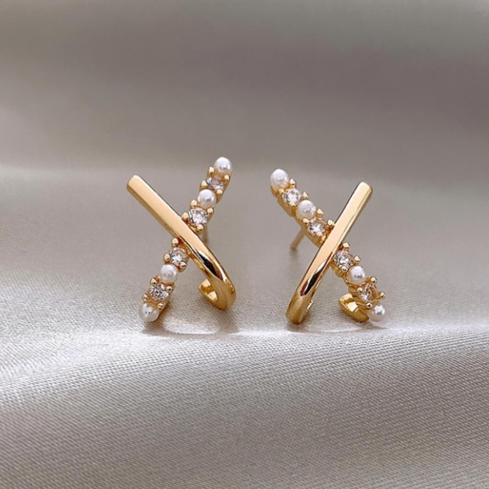 S925 Perlelinje Kubisk Kors Øredobber – Haniel – Fra Korea