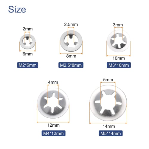 uxcell 200pcs Internal Tooth Star Lock Washer Set, M2, M2.5, M3, M4, M5, Quick Speed ??Locking Washers, 304 Stainless Steel Star Lock Push Nuts