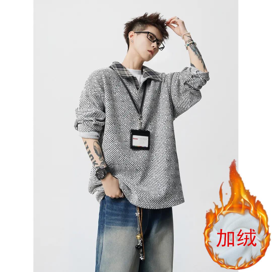 

Old Money Style Pattern Contrasting Shirt Collar Knitted Sweater Men s Autumn and Winter American Diagonal Striped Fake Two-piece Long-sleeved T-shirt L