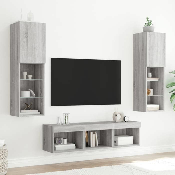 VidaXL Unités Murales TV avec LED 5 pcs, Armoires de Télévision Suspendues, Meubles Télé de Salon, Moderne, Gris Sonoma Bois 3216609