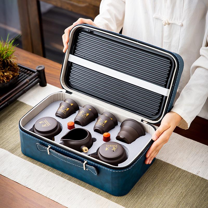 Purple sand travel tea set, ceramic kung fu portable storage bag, teapot, teacup, complete set of business gifts, portable