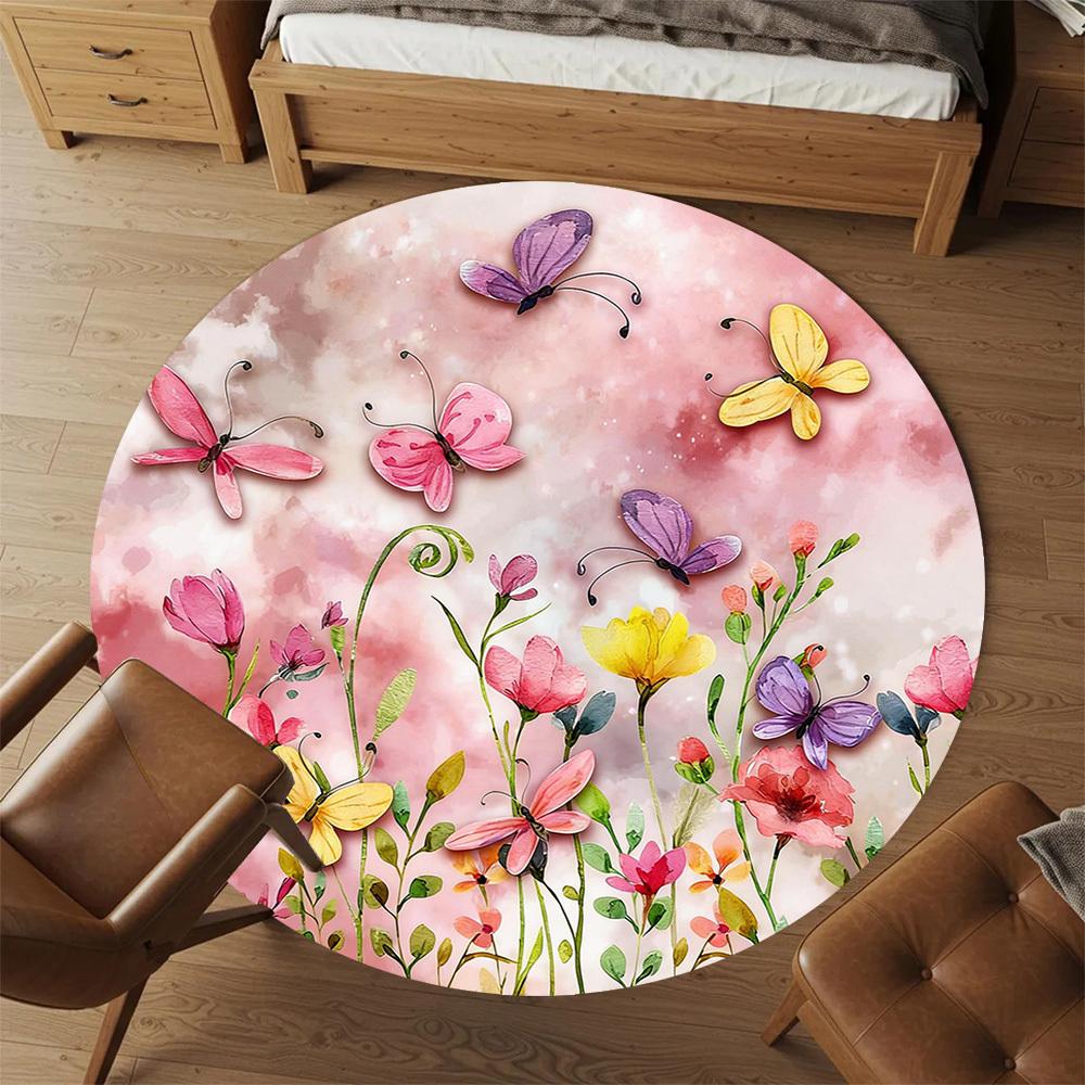1pc Butterflies Flowers Round Chair Mat Office Area Rug - Non-Slip, Floor Mat for Office, Bedroom, and Indoor Decor P127232