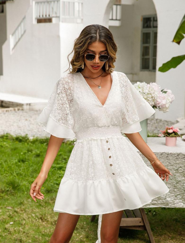 Women White Boho Swing Ruffle Dress Flared Short Sleeves V-neck Button Cake Beach Mini Robe Fashion Beachwear Outsuits vestido